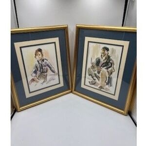 David Gilboa Vintage Framed Art Prints Set 13x16 Gold Blue Judaica Watercolor